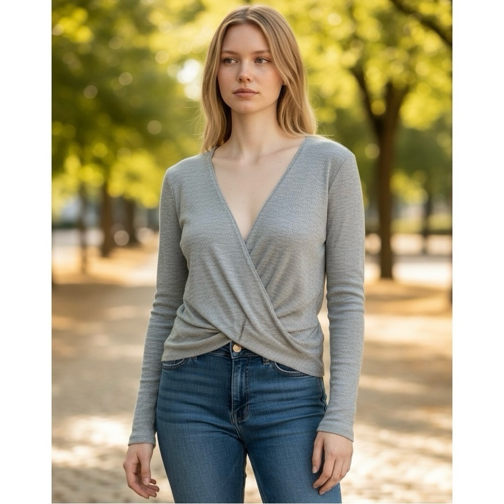 Project Social T Urban Outfitters Waffle Wrap Long Sleeve Grey Top Size XS